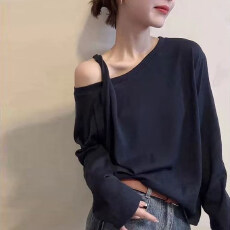批发雪花棉斜肩露肩长袖T恤女早秋韩版宽松<b class='q'>显瘦</b>内搭打底衫设计感上衣