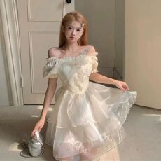 批发甜美蝴蝶结<b class='q'>连衣裙</b>女春夏高级感气质公主蓬蓬裙收腰小个子短裙