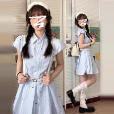 批发韩系穿搭夏季2026新款小个子蓝色条纹<b class='q'>衬衫</b>连衣裙子女气质收腰短裙