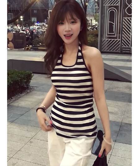 원본 것 핫걸 스트라이프 행침 목 캐미솔 여름 외출용 백리스 u 칼라 중간 길이 맨위