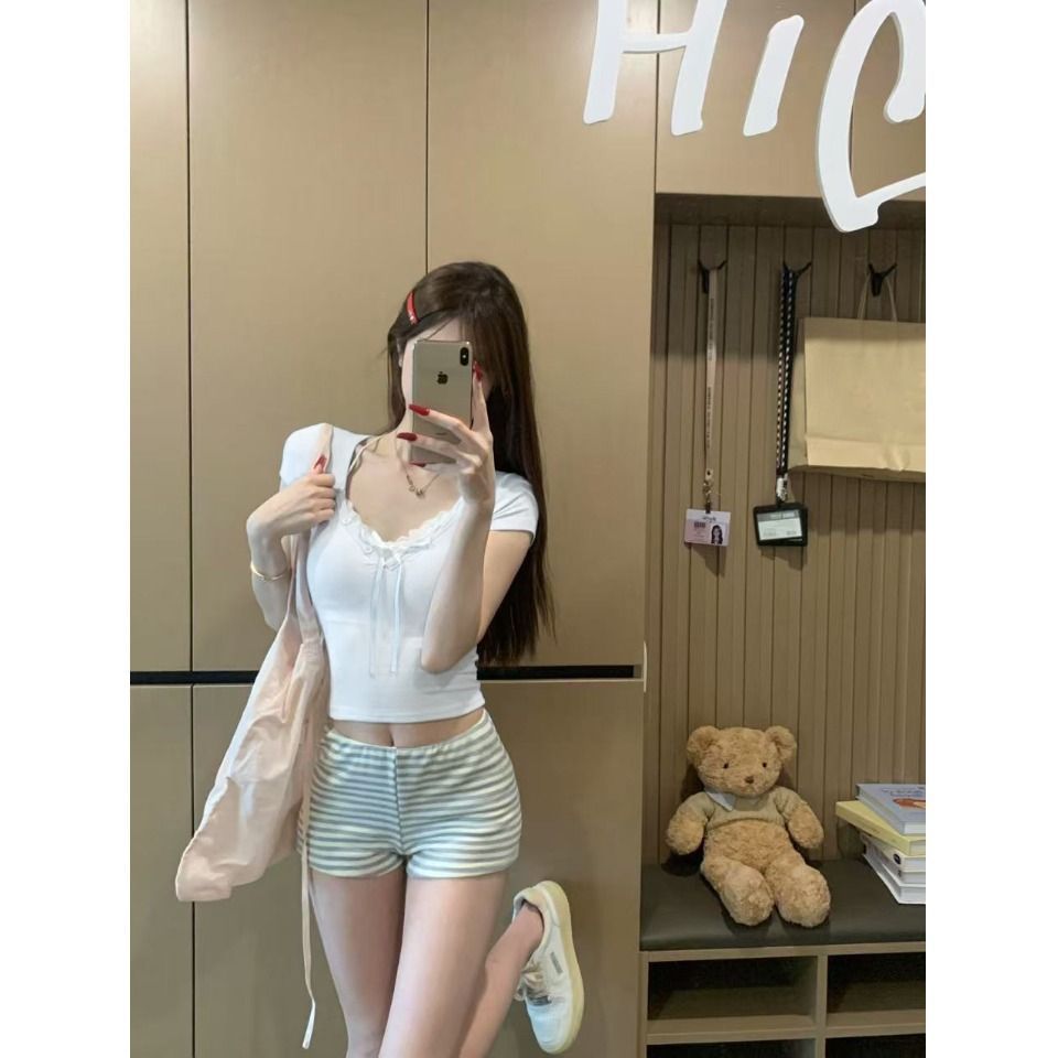 RY2504# 人棉拼接蕾丝假两件v领短袖T恤女夏季修身撞色设计感纯欲上衣