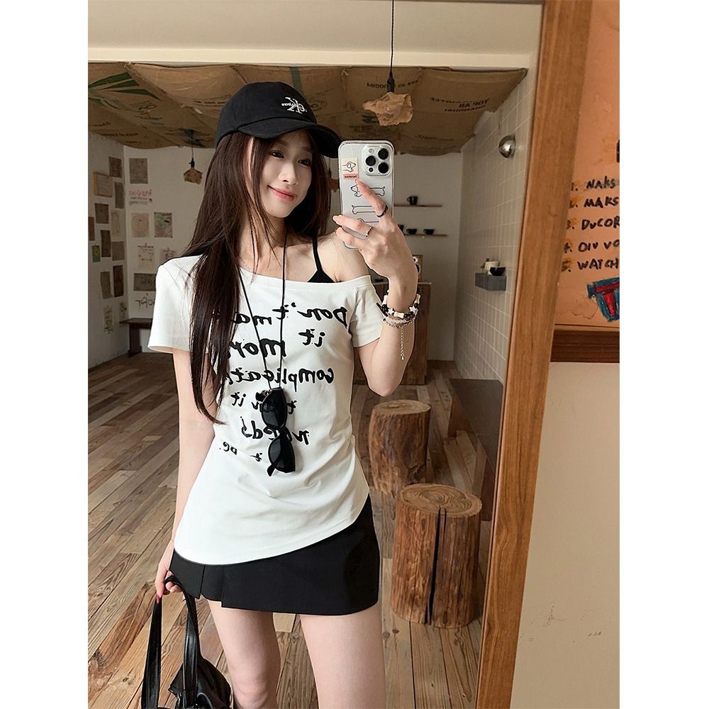 RY2502# 随心裁美式辣妹字母印花斜肩短袖T恤女夏设计感收腰露肩上衣