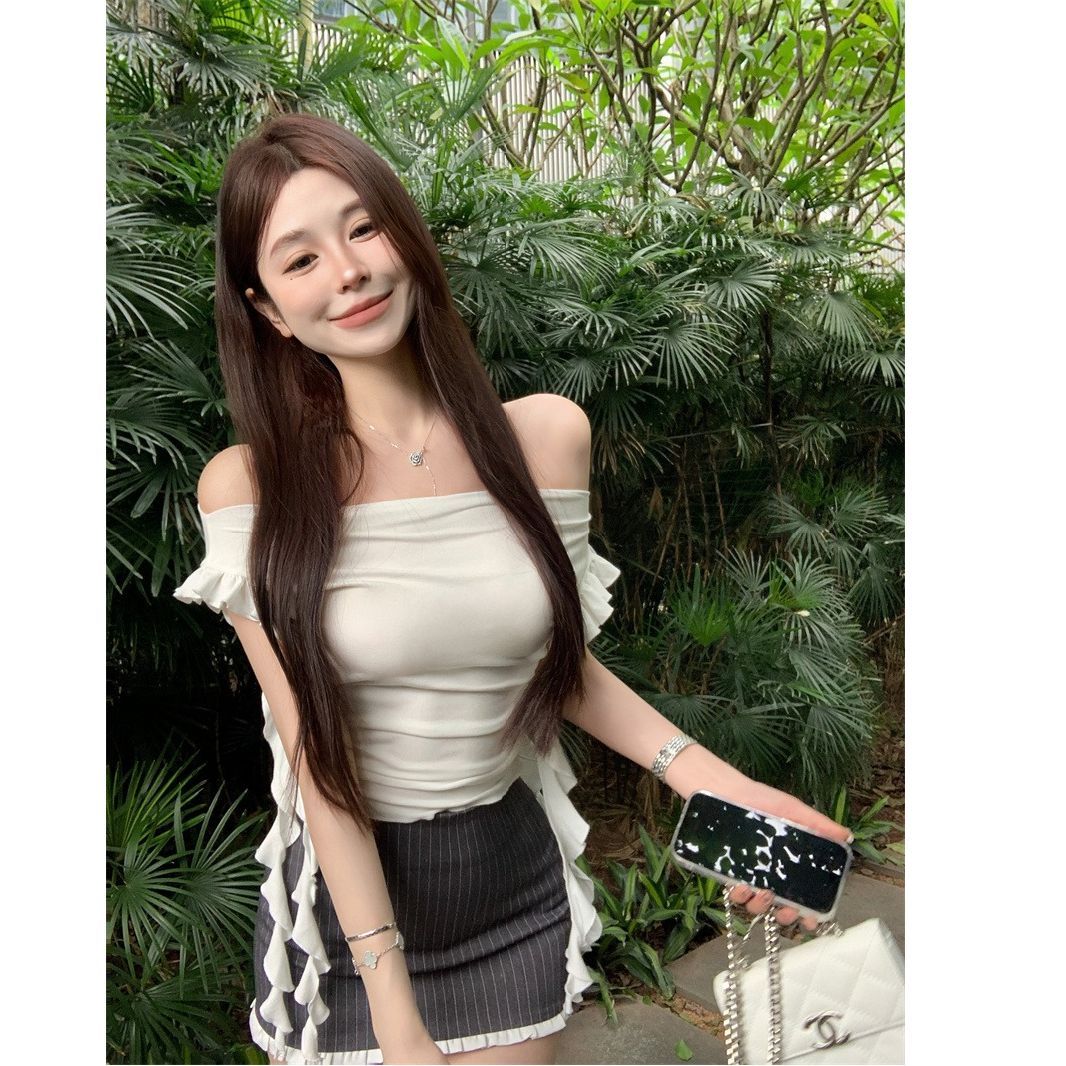 RY2505# 随心裁纯欲风一字肩短袖T恤女夏荷叶边飘带修身短款露肩上衣