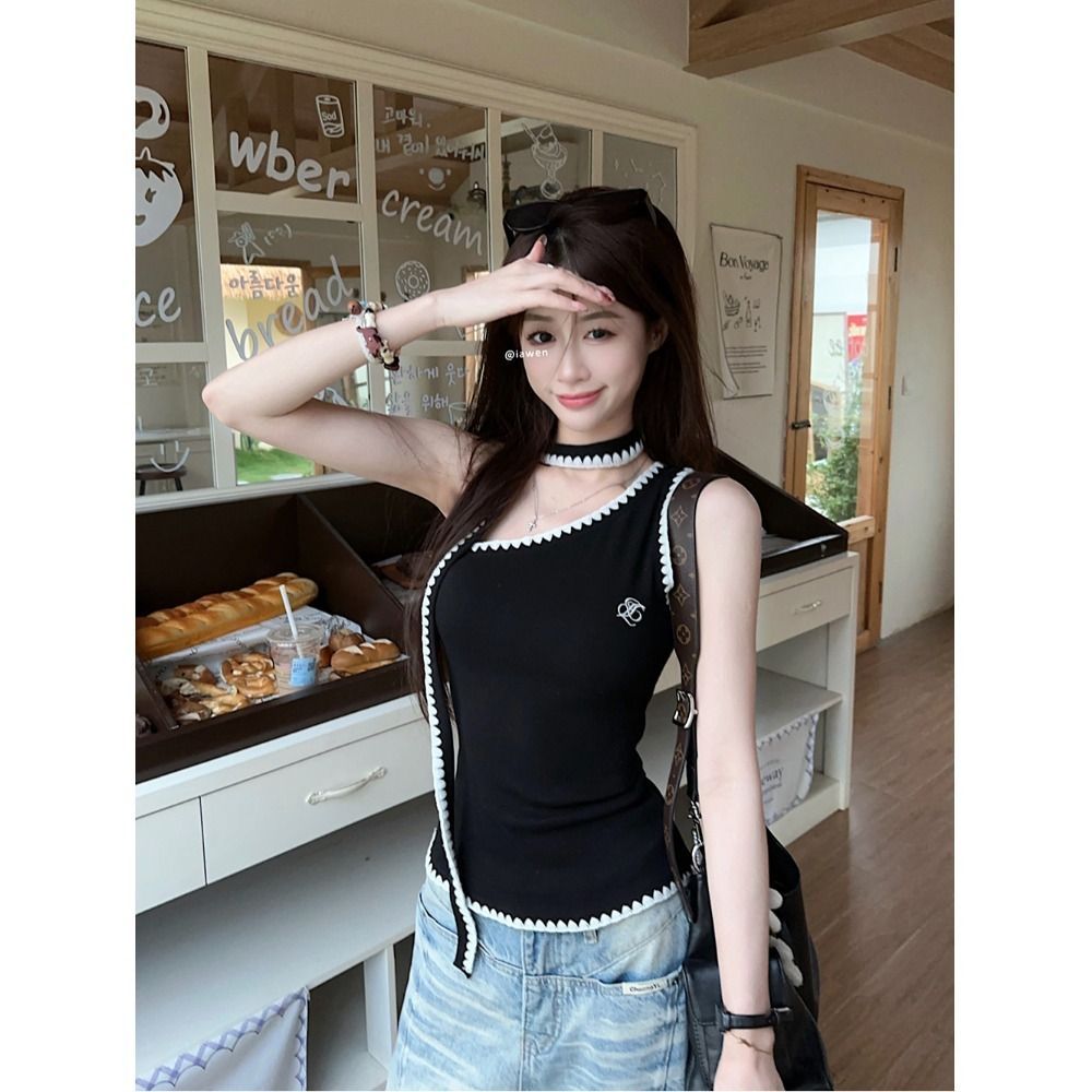 RY2503# 随心裁甜辣妹飘带撞色斜肩吊带背心女夏季字母刺绣无袖上衣