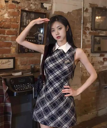 학원 스타일 체크무늬 민소매 여성 드레스 2026 여름 새로운 POLO 칼라 허리 수축 한 마디 미니 스커트 품격 치마