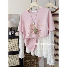 雪花棉特大码300斤韩系甜美小宽松蕾丝拼接长袖假两件上衣