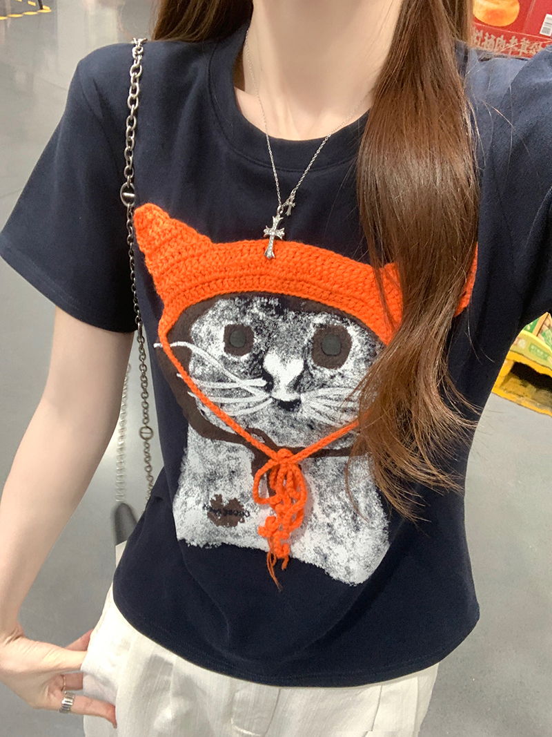 경관 그림 순면 리브 210 그램 반팔 티셔츠 여성 여름 새로운 한 부서 슬림해 보이는 자수 라운드 넥 맨위