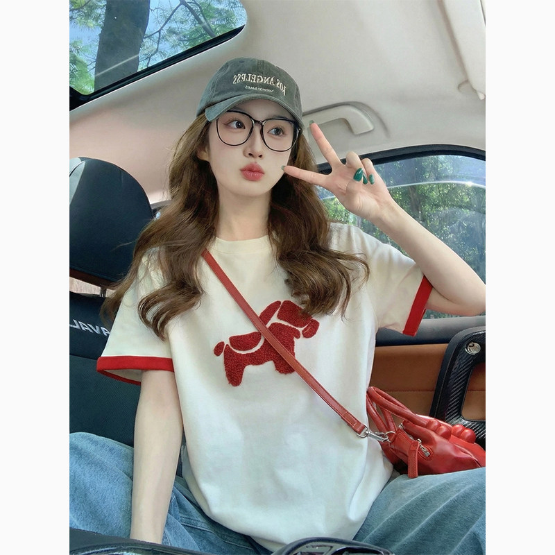 경관 그림 220 그램 남자 바 면 반팔 티셔츠 여성 의류 여름 새로운 만화 가시 자수 긍정적 인 어깨 라운드 넥 맨위