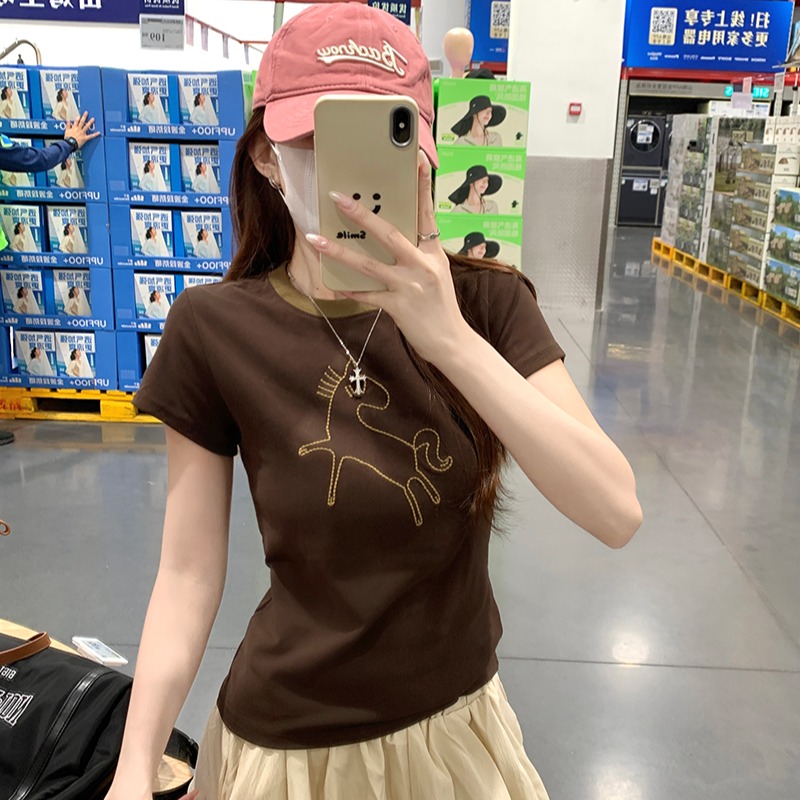 실사 1 1 순면 리브 210 그램 반팔 티셔츠 여성 여름 새로운 한 부서 슬림해 보이는 자수 라운드 넥 맨위