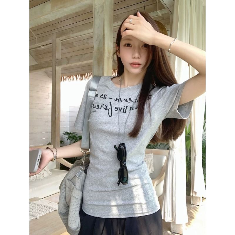 아메리칸 레트로 알파벳 프린트 반팔 티셔츠 여성 여름 긍정적 인 어깨 캐주얼 핫걸 꼬집기 허리 슬림해 보이는 맨위 여성