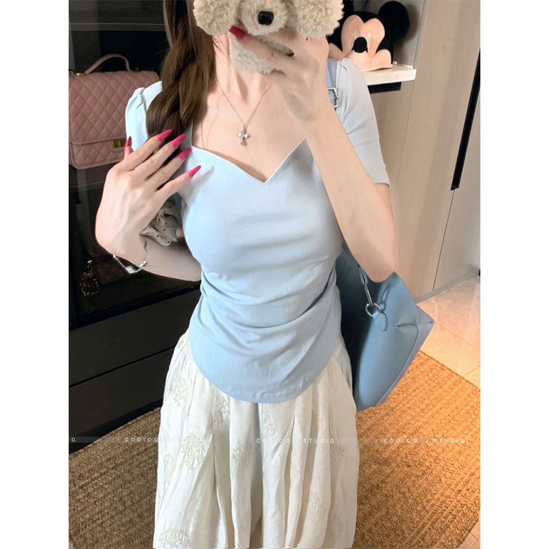 빅 사이즈 지방 mm 복숭아 심장 광장 칼라 반팔 티셔츠 여성 의류 새로운 학원 스타일 슬림해 보이는 표지 배 숨기기 고기 맨위