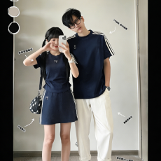 批发裙子有内衬 40支1*1纯棉高弹 绣花情侣运动套装女短袖T恤夏