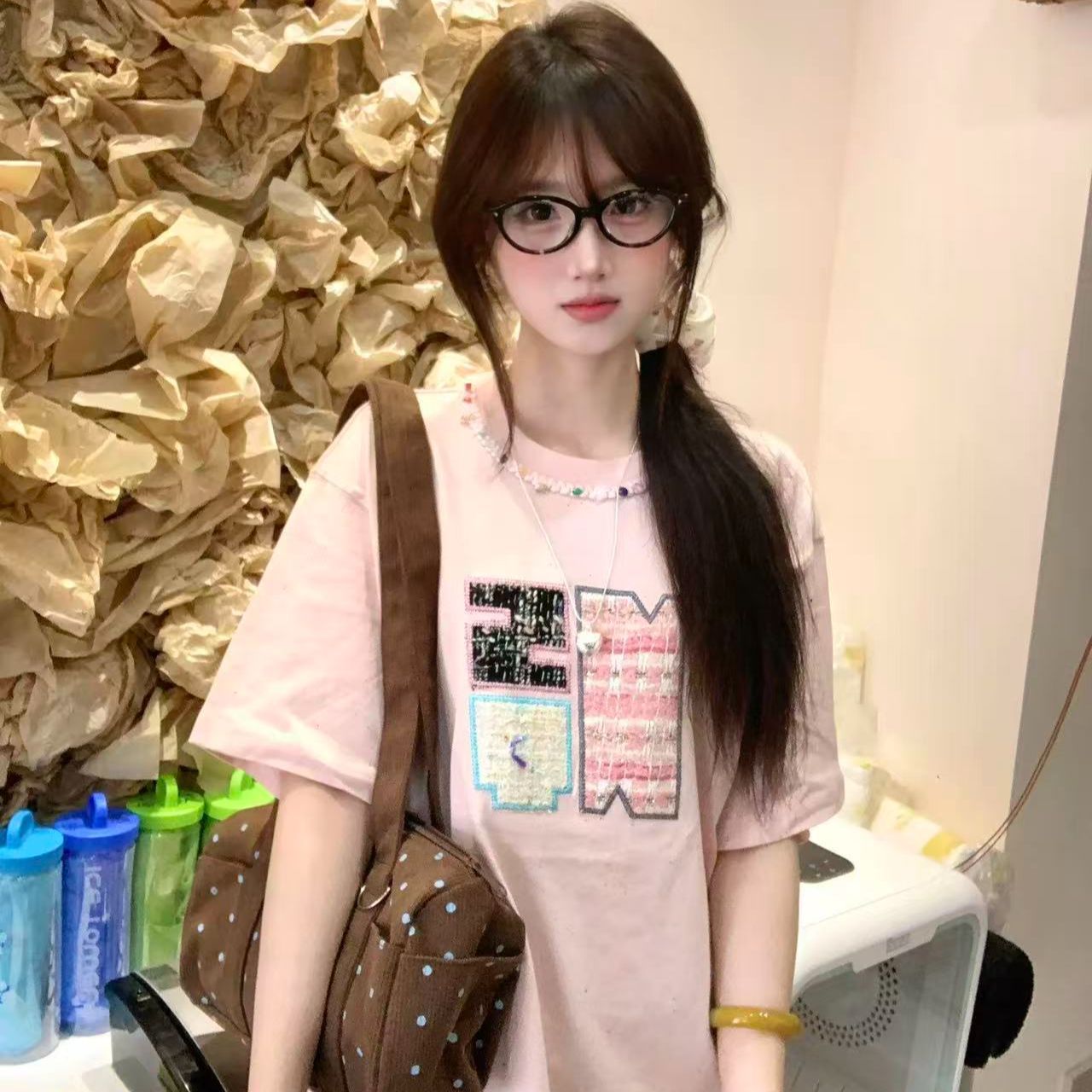 RY3501# 2026夏季重工小香风刺绣原版广州彩点面料短袖t恤女