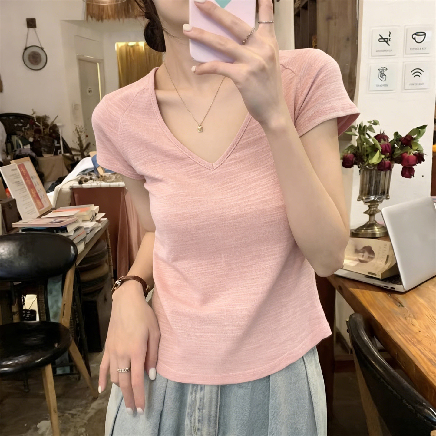 RY3810# 韩系高级感竹节棉短袖T恤女2026夏季新款修身韩版内搭打底衫上衣