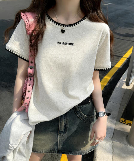 순면 리브 여름 알파벳 자수 반팔 티셔츠 여성 루즈핏 슬림해 보이는 한국 스타일 기본 셔츠 인사이드 가져 가라. 반소매 맨위