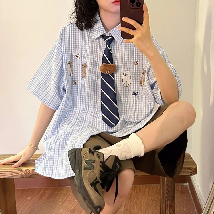 아메리칸 레트로 만화 새끼 고양이 자수 체크무늬 반팔 셔츠 여자 여름 루즈핏 캐주얼 반소매 셔츠 재킷