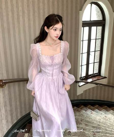신선함 보라색 롱 코트 광장 칼라 긴팔 여성 드레스 여름 프랑스식 레트로 천 금빛 바람 품격 허리 수축 치마