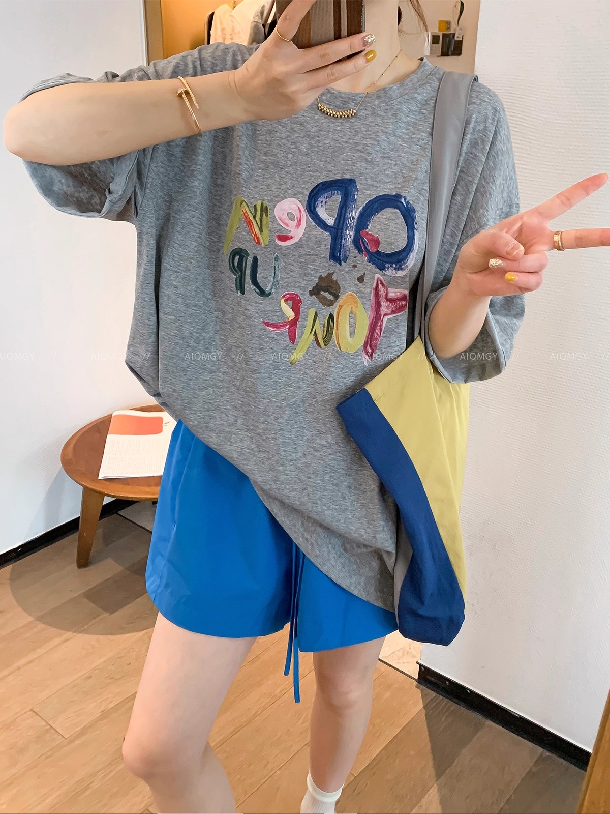 21 순면 210 그램 여름 드레스 느긋한 루즈핏 만화 프린트 반팔 티셔츠 한 부서