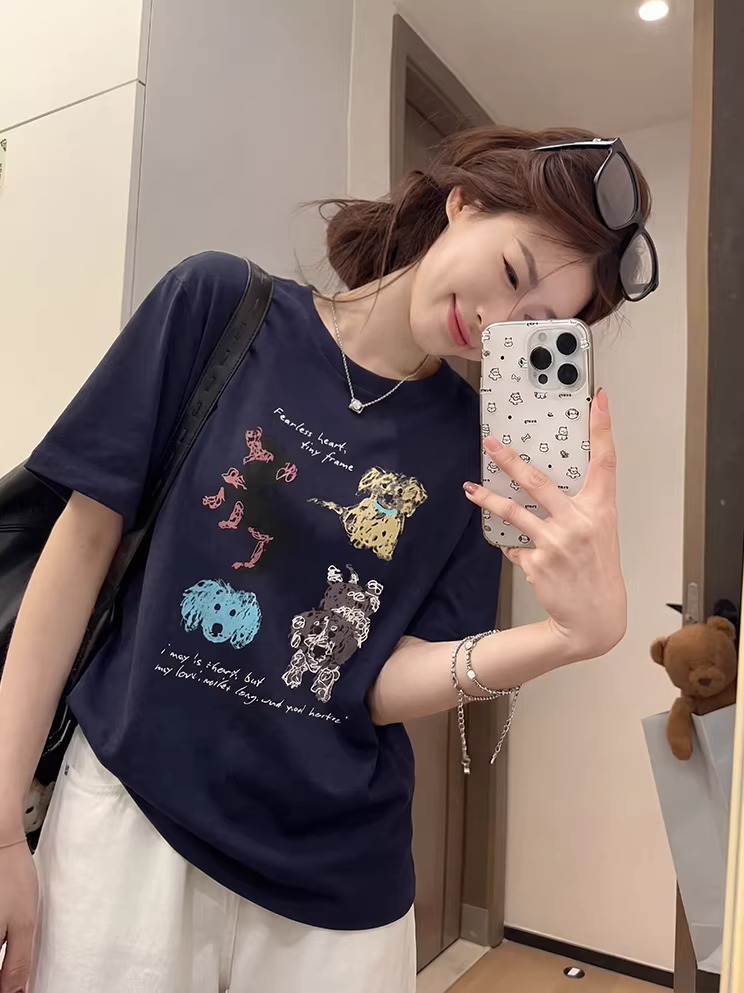 21 순면 210 그램 2026 년 봄 여름 드레스 반팔 티셔츠 여성 한국 스타일 프린트