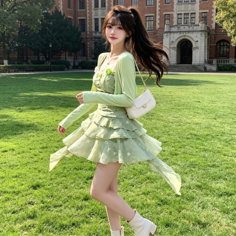 달콤한 자매 바람 여름 투피스 슈트 자외선 차단 슬림해 보이는 표지 고기 긴팔 오픈 가디건 허리 수축 퍼프 슬립 드레스 아이들