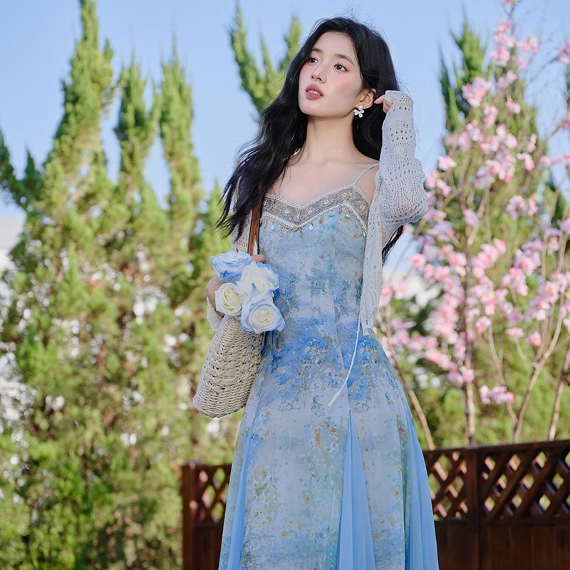 프랑스식 고유 한 아름다운 파란색 잉크 페인팅 슬립 여성 드레스 여름 2026 새로운 해변가 휴가 해변 롱 스커트