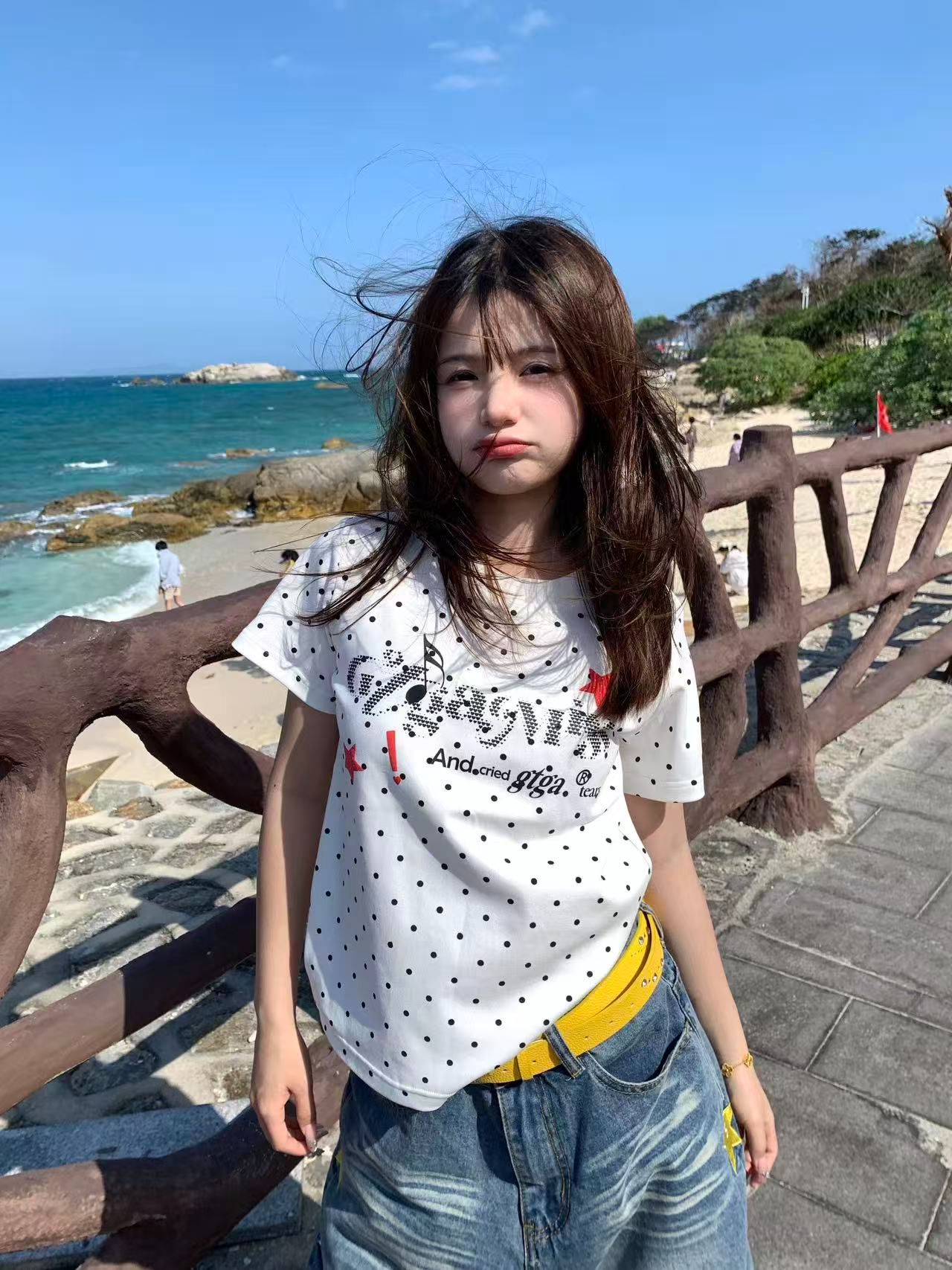 220 그램 40 빗질하다 92 면 8 암모니아 Lun 이후 패키지 칼라 몸매 가꾸기 슬림해 보이는 긍정적 인 어깨 반팔 티셔츠 여성 여름 도트 무늬