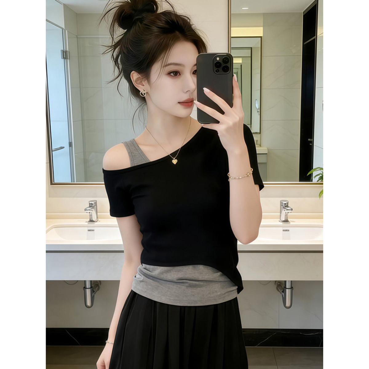 260 그램 사람들 면 92 접착제 8 암모니아 Lun 여름 오프숄더 페이크 레이어드 반팔 티셔츠 여성 몸매 가꾸기 비스듬한 어깨 의류