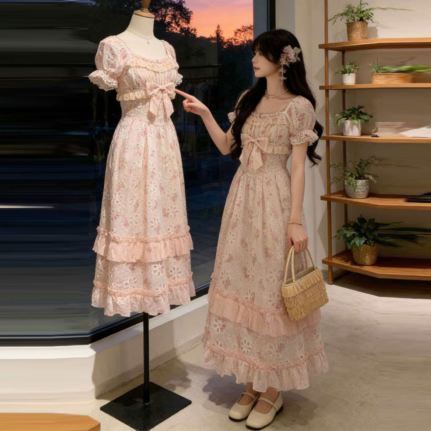 blovelan 릴리 앤 꽃 지름 휴가 바람 홀로우 아웃 자수 허리 수축 롱 스커트 프랑스식 소녀 꽃무늬 드레스