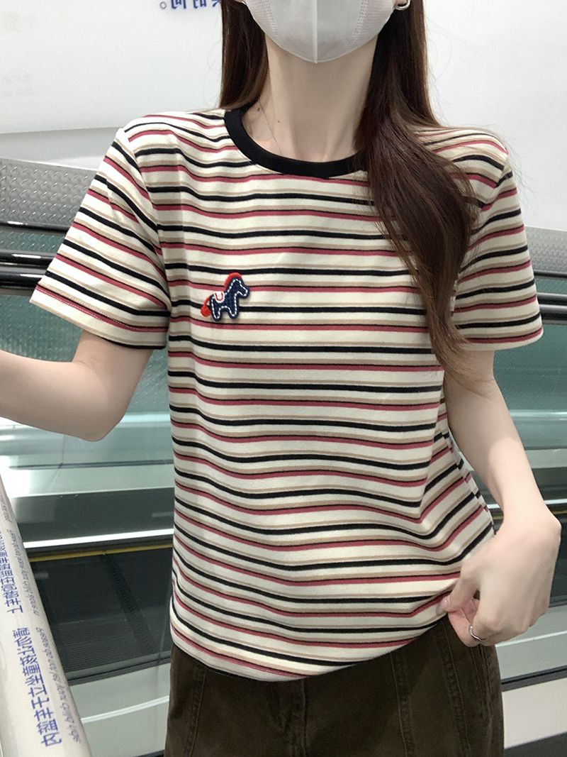 실사 특별 가격 250그램 리브 스트라이프 반팔 티셔츠 여성 의류 여름 새로운 한 부서 만화 가시 자수 라운드 넥 맨위