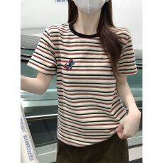 批发实拍<b class='q'>特价</b>250克螺纹条纹短袖t恤女装夏新款韩系卡通刺绣花圆领上衣