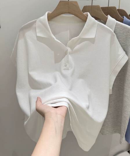 실사 POLO 칼라 반팔 티셔츠 여성 여름 루즈핏 한국 스타일 작은 키 쇼트 스타일 긍정적 인 어깨 폴로 칼라 삽입 어깨 소매 맨위