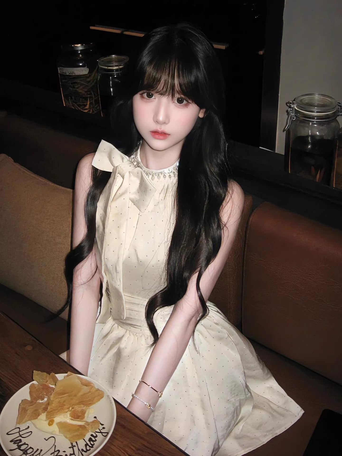 생일 party 작은 드레스 여성 고급 절묘한 명문 여성 천 골드 센스 진주 다이아몬드 세팅 나비 행침 목 매듭 도트 무늬 치마