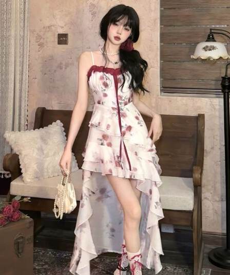 원본 것 있음 네리 프랑스식 차 휴식 프릴 꽃무늬 불규칙 아름다운 해변가 휴가 바람 허리 수축 롱 스커트
