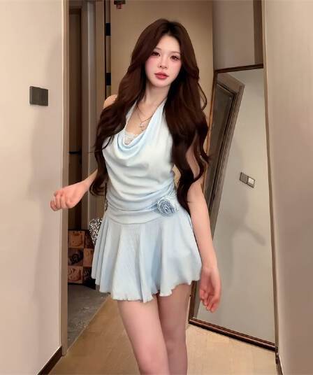 페이크 레이어드 슬립 행침 목 레이스 드레스 아이들 2026 여름 새로운 품격 순수한 욕망 핫걸 허리 수축 미니 스커트