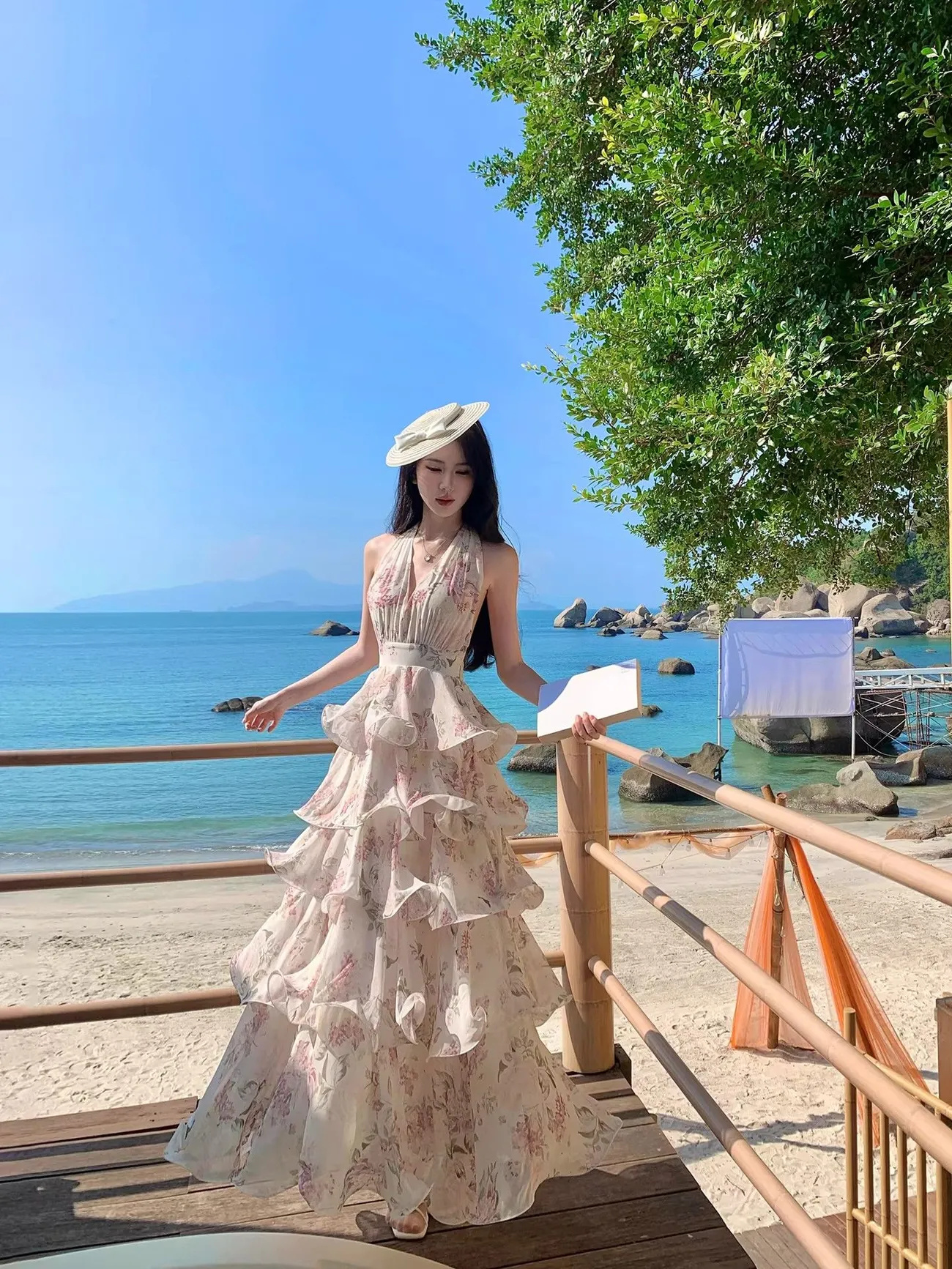 원본 원단 프랑스식 꽃무늬 백리스 행침 목 여성 드레스 여름 해변가 품격 허리 수축 케이크 롱 스커트