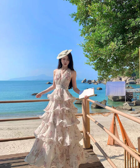 원본 원단 프랑스식 꽃무늬 백리스 행침 목 여성 드레스 여름 해변가 품격 허리 수축 케이크 롱 스커트