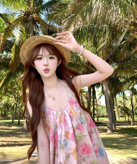 원본 자카드 원단 핑크색 꽃무늬 백리스 행침 목 여성 드레스 여름 휴가 아름다운 품격 치마