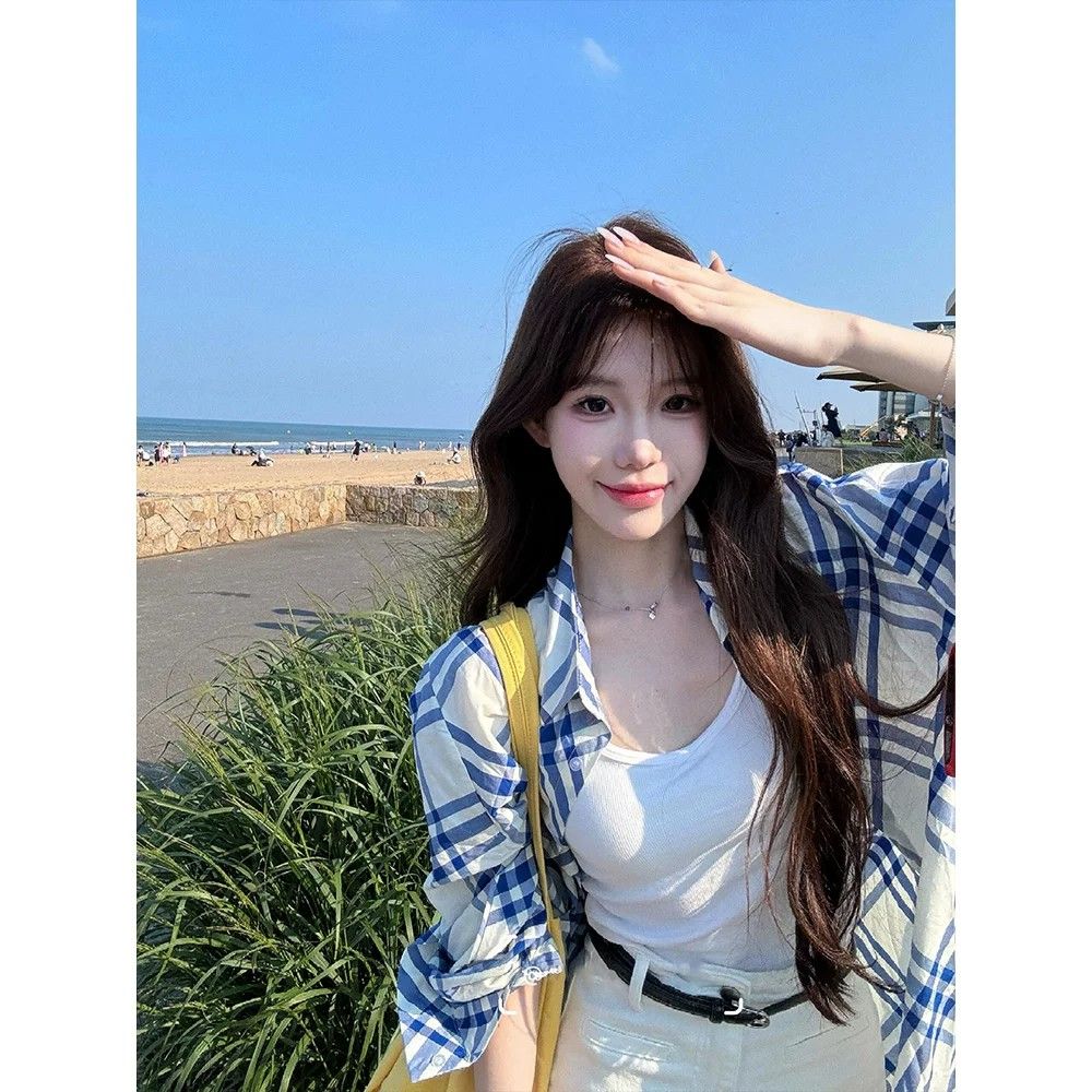 느긋한 바람 단색 POLO 칼라 연령 감소 긴팔 셔츠 여성 의류 여름 루즈핏 다용도 캐주얼 맨위