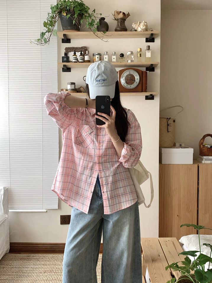 한 부서 핑크색 체크무늬 얇은 스타일 긴팔 셔츠 여성 코트 봄 새로운 루즈핏 캐주얼 셔츠 자외선 차단 오픈 가디건 맨위