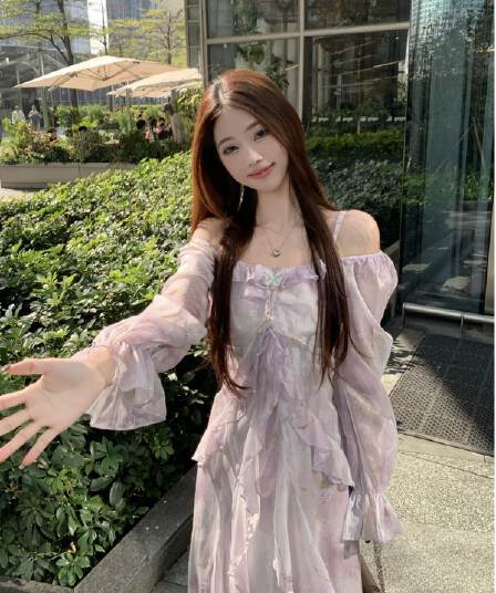 빅 사이즈 프랑스식 보라색 긴팔 슬립 드레스 여성 의류 봄 지방 mm 표지 배 슬림해 보이는 프릴 품격 롱 스커트