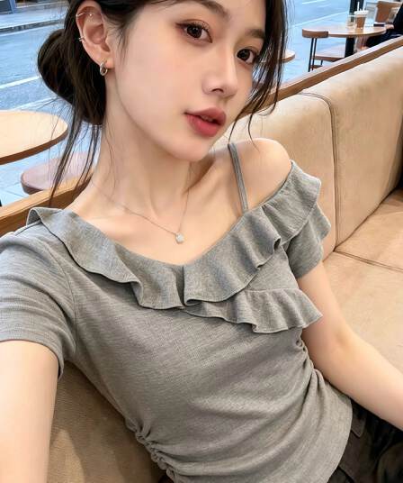 260 그램 사람들 면 회색 고급 센스 프릴 비스듬한 어깨 반팔 티셔츠 여성 여름 핫걸 오프숄더 아름다운 맨위