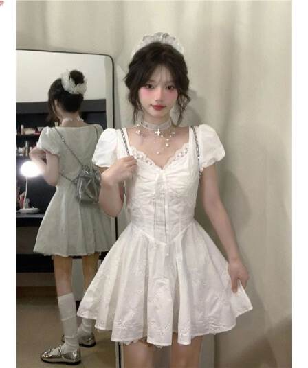 순면 자카드 원단 네리 지퍼 하나 첫사랑 달콤함 화이트 레이스 패치워크 자수 드레스 허리 수축 치마