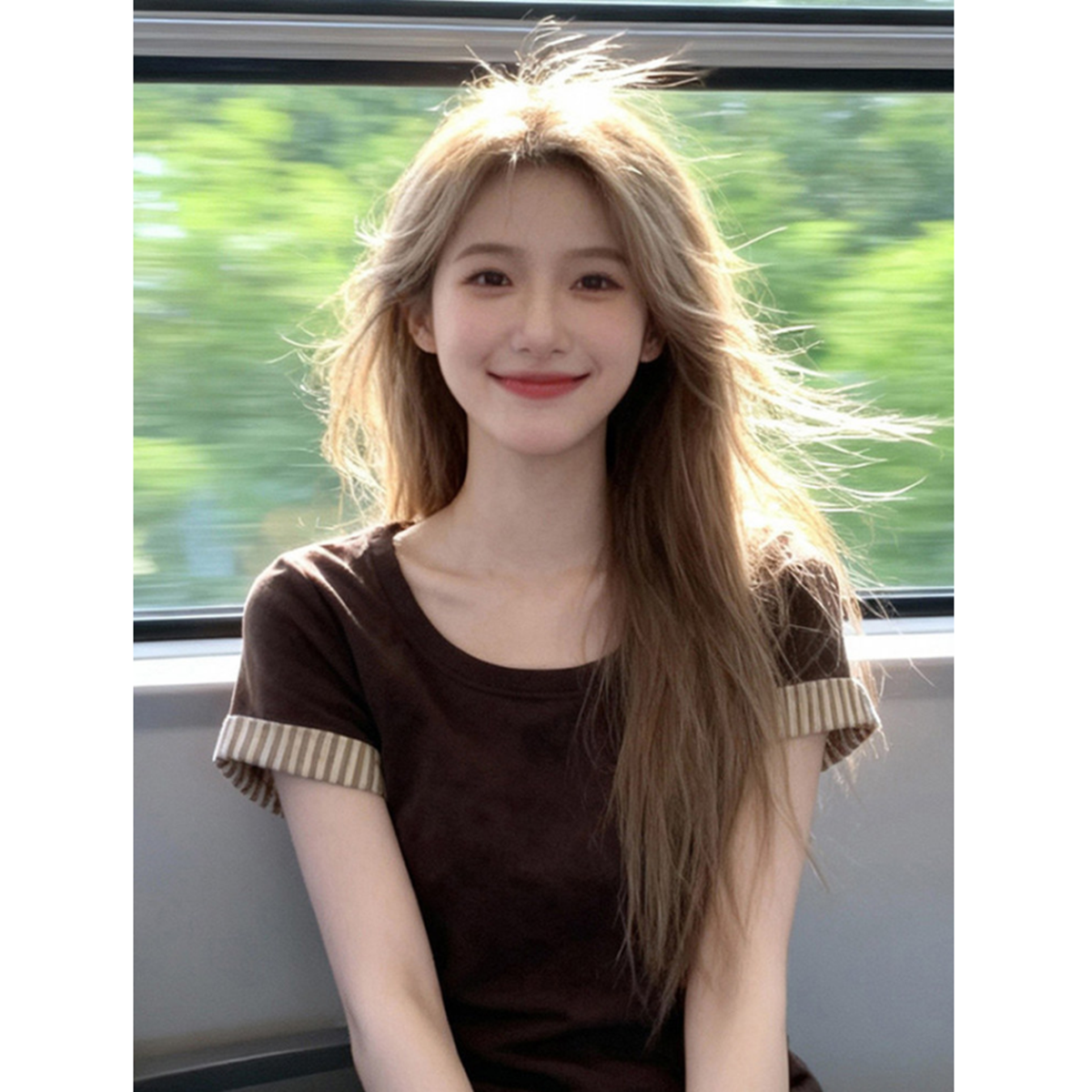 210 그램 순면 리브 92 면 8 암모니아 Lun 티셔츠 여성 여름 새로운 배색 디자인 연령 감소 슬림해 보이는 달콤한 자매 맨위