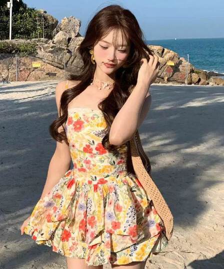 원본 것 있음 네리 프랑스식 달콤함 꽃무늬 슬립 해변가 휴가 레이스 조각 허리 수축 꽃밭 미니 스커트 여성