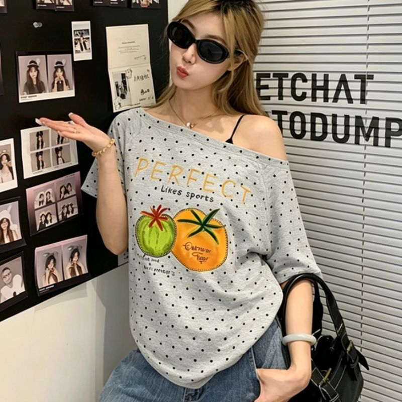 220 그램 40 순면 오스트리아 세대 서울 도트 무늬 비스듬한 어깨 반팔 티셔츠 여성