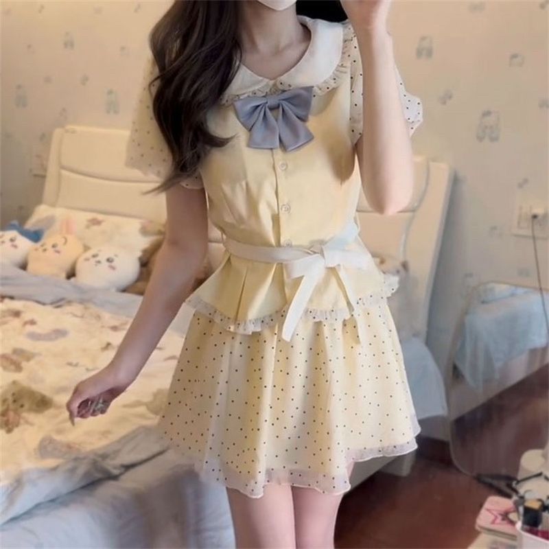 달콤한 자매 학원 스타일 도트 무늬 반신 치마 세트 여성 여름 베이비 칼라 반팔 맨위 케이크 미니 스커트 투피스 세트