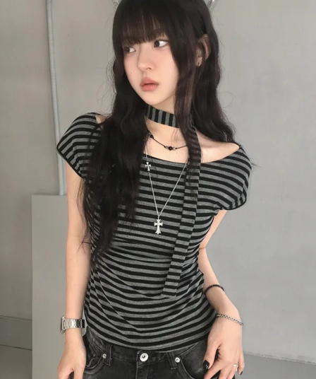 원본 원단 컬러 짜임 기사 오프숄더 리본 디자인 스트라이프 반팔 티셔츠 여성 핫걸 슬림해 보이는 허리 수축 다용도 맨위