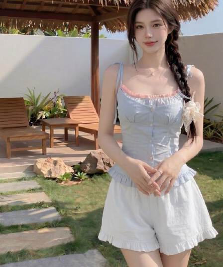 모방 주간 실크 원단 레이스 레이스 페이크 레이어드 꽃무늬 쇼트 스타일 캐미솔 여름 발레 바람