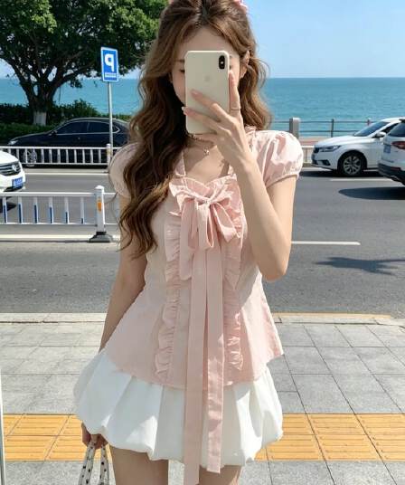 반팔 달콤한 스타일 프릴 나비 매듭 여성 셔츠 허리 수축 슬림해 보이는 프랑스식 부드러운 바람 거품 소매 맨위 여름