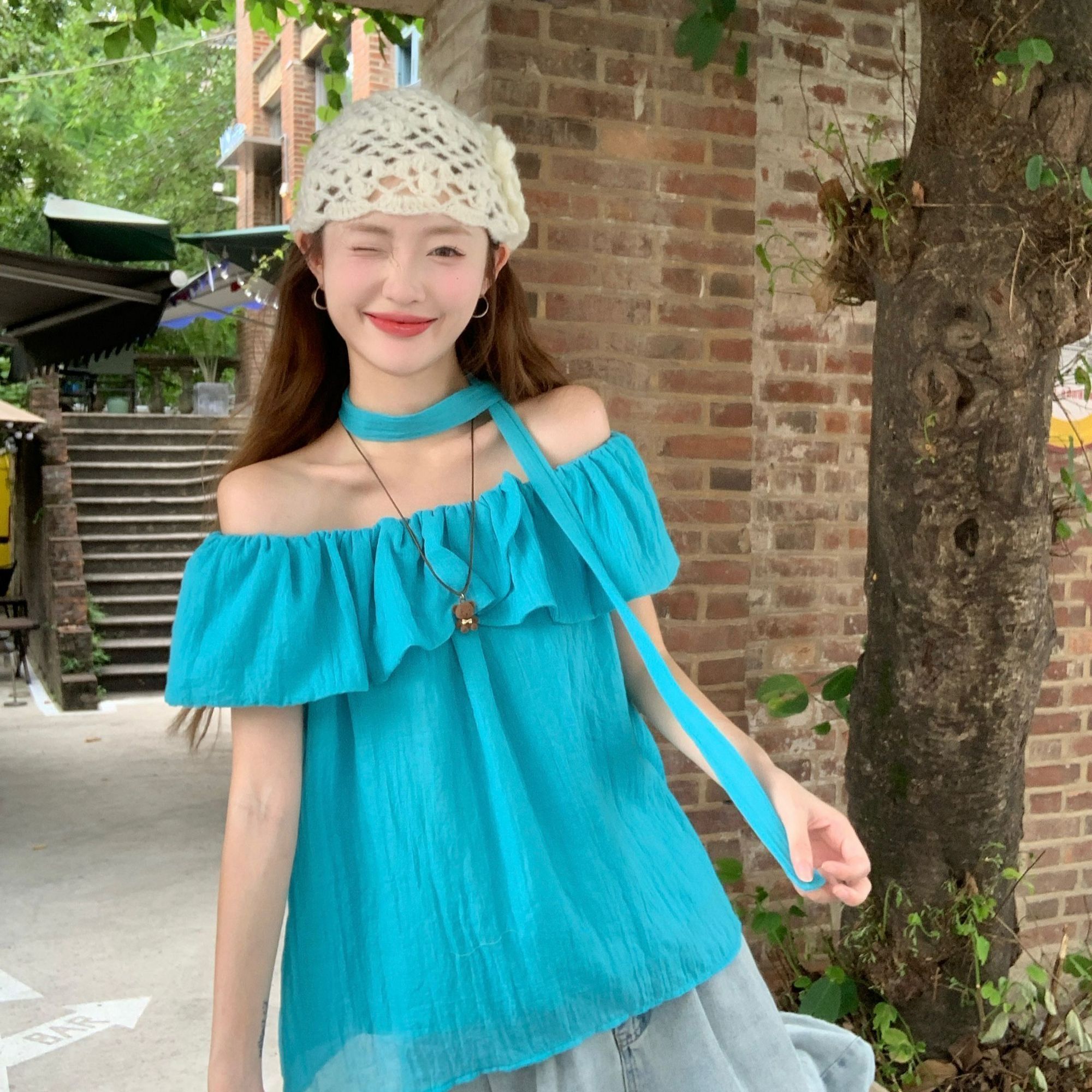 오프숄더 프릴 리본 반팔 여성 셔츠 여름 루즈핏 보라색 셔츠 부드러운 바람 캐주얼 고유 한 맨위